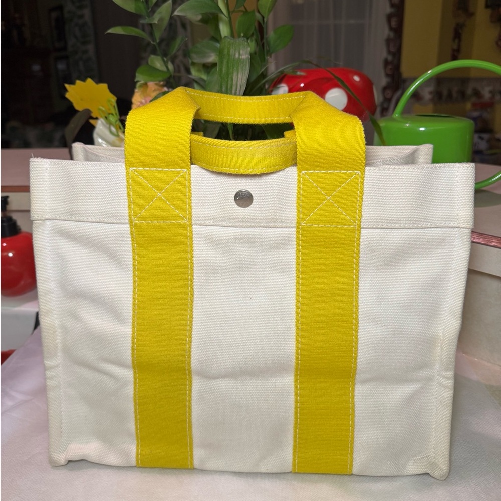 Hermes Authentic Bora Bora PM Canvas Tote Cream & Yellow Tote Handbag Pre-loved